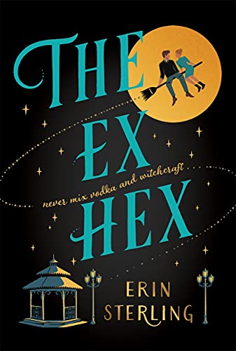 Book cover: couple on a broomstick flies toward a moonlit gazebo.