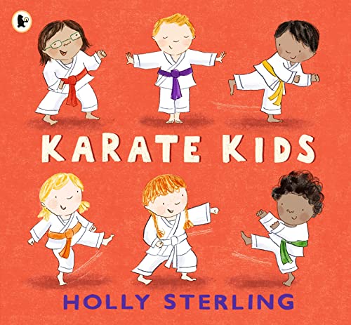 Six diverse children wearing karate uniforms and different colored belts on an orange background.