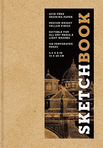 Brown Kraft cover sketchbook with "SKETCHBOOK" text and a sketched cityscape.