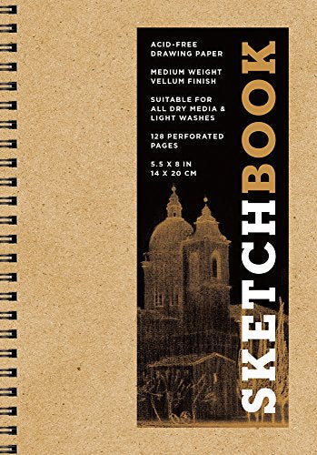 Kraft cover sketchbook with spiral binding and sketched cathedral image.
