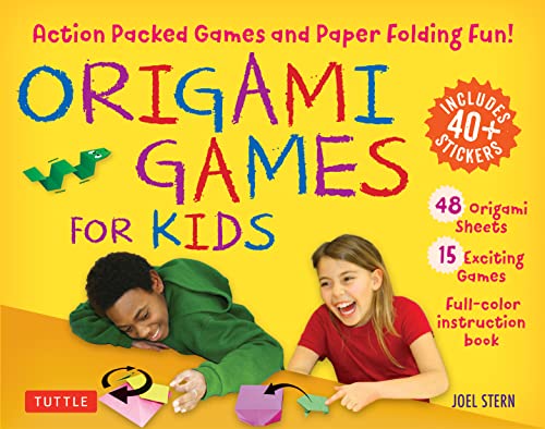 Origami Games for Kids kit with children folding colorful paper shapes.