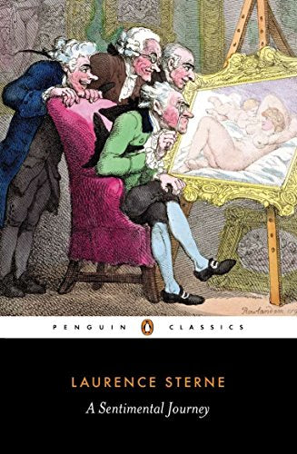 "Book cover of 'A Sentimental Journey' featuring men viewing a nude painting together."