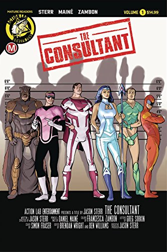 Comic book cover featuring six costumed figures in a police lineup.