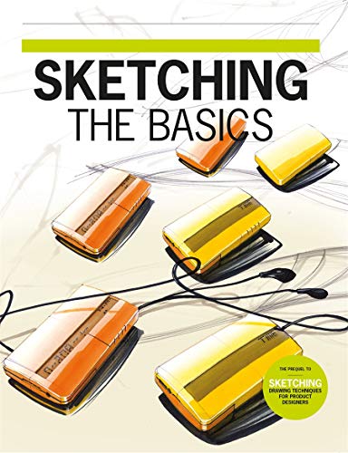 Book cover titled Sketching The Basics featuring hand-drawn illustrations of orange and yellow gadgets.