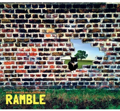 "Album cover with a man peeking through a brick wall hole."