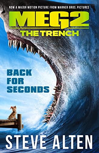 Book cover for “Meg 2: The Trench” featuring a giant shark’s mouth.