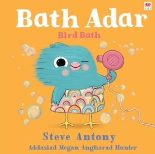 Cartoon blue bird with bubbles, holding a pink hairdryer.
