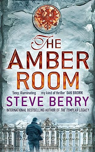 Book cover for “The Amber Room” featuring a crest and a man below.