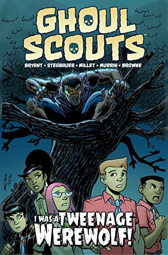 Comic book cover featuring children and a werewolf in front of a tree.