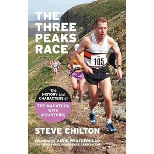 Book cover: runner on a mountain trail, “The Three Peaks Race” title.