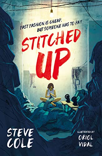 Book cover: “Stitched-Up” depicts a person amid piles of clothing.