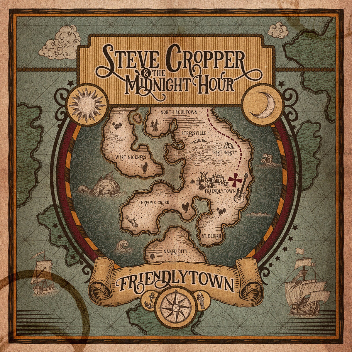 CD cover for Steve Cropper & Midnight Hour’s “Friendlytown” with map illustration.