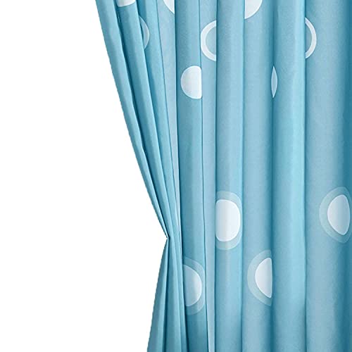 Blue curtains with large white polka dots, close-up view.