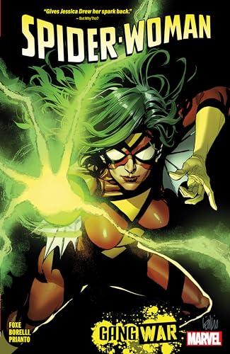 Spider-Woman in a red and yellow suit, emitting green energy blasts.