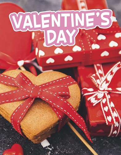 Valentine’s Day themed gifts: hearts, cookies, and red gift boxes.