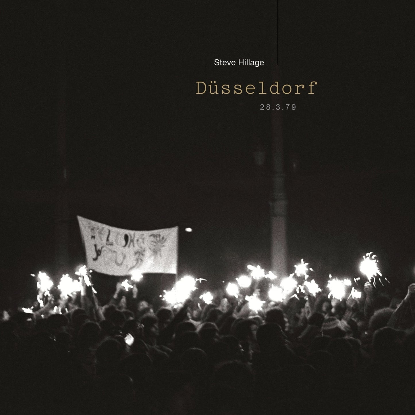 Black and white album cover with a crowd holding lit objects.