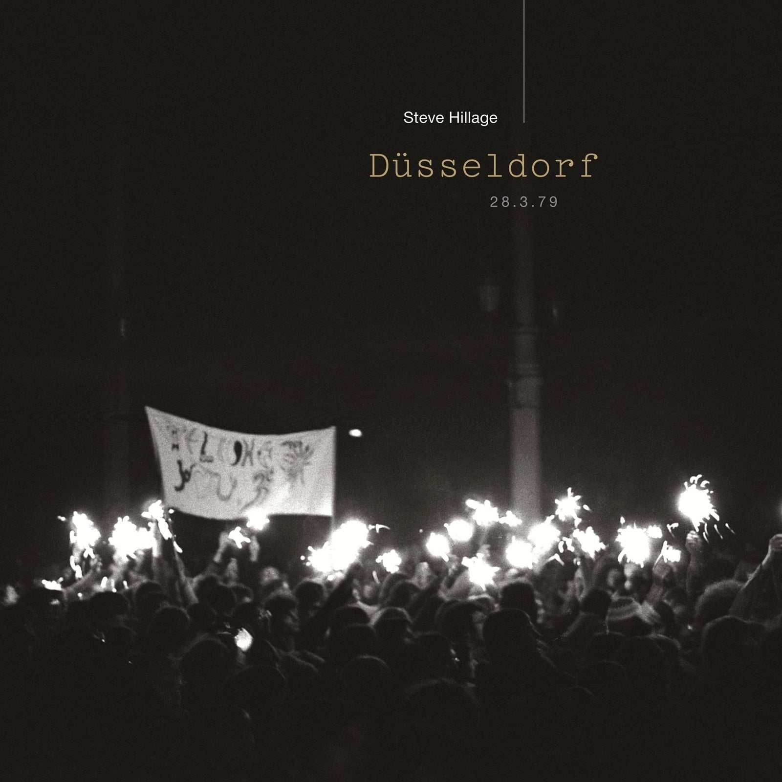 Black and white album cover with a crowd holding lit objects.