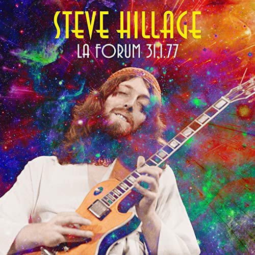 Steve Hillage with orange guitar, cosmic background, album cover art.