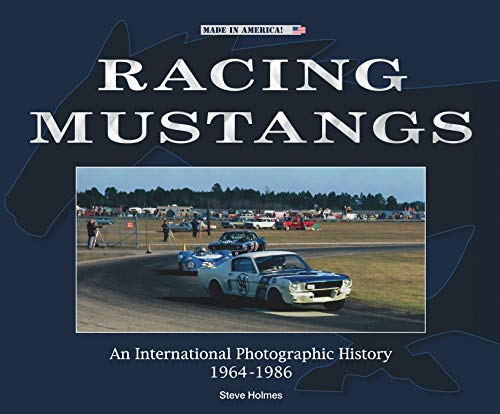 Book cover: “Racing Mustangs” with a vintage race car on the track.