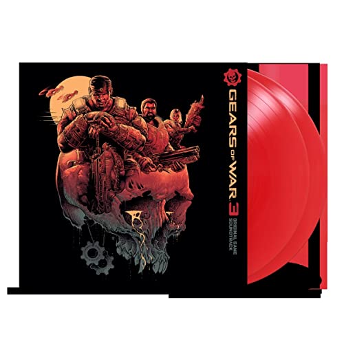 “Gears of War 3” vinyl soundtrack with red records and character art.