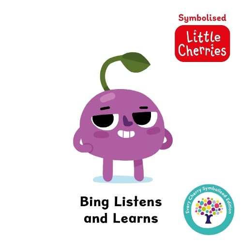 Purple cartoon Bing character with a green stem, book cover illustration.