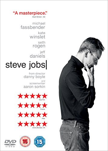 DVD cover for "Steve Jobs" featuring a man in black shirt and jeans.