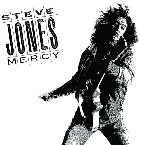 Black and white album cover for Steve Jones’ “Mercy,” featuring a musician.