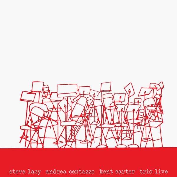 Red line drawing of chairs and music stands on white background.