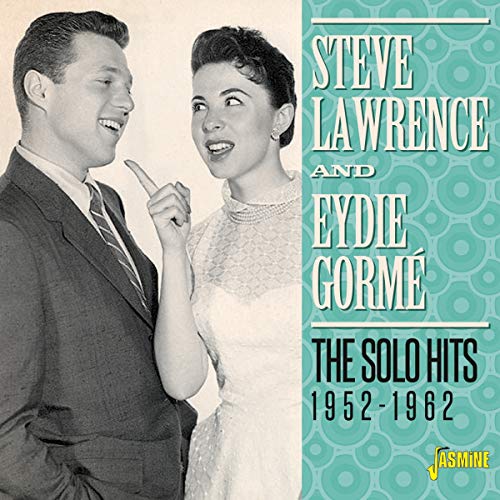 Black and white photo of Steve Lawrence and Eydie Gorme on a teal background.