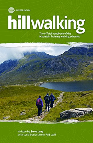 Book cover titled Hillwalking showing three hikers on a mountain trail near a lake.