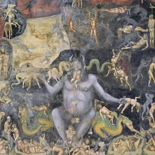 Detailed painting of a large, central demonic figure surrounded by figures.
