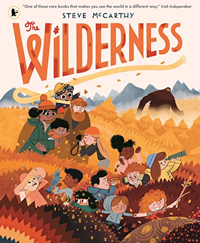 Book cover: illustrated children hiking with a large bear in mountains.
