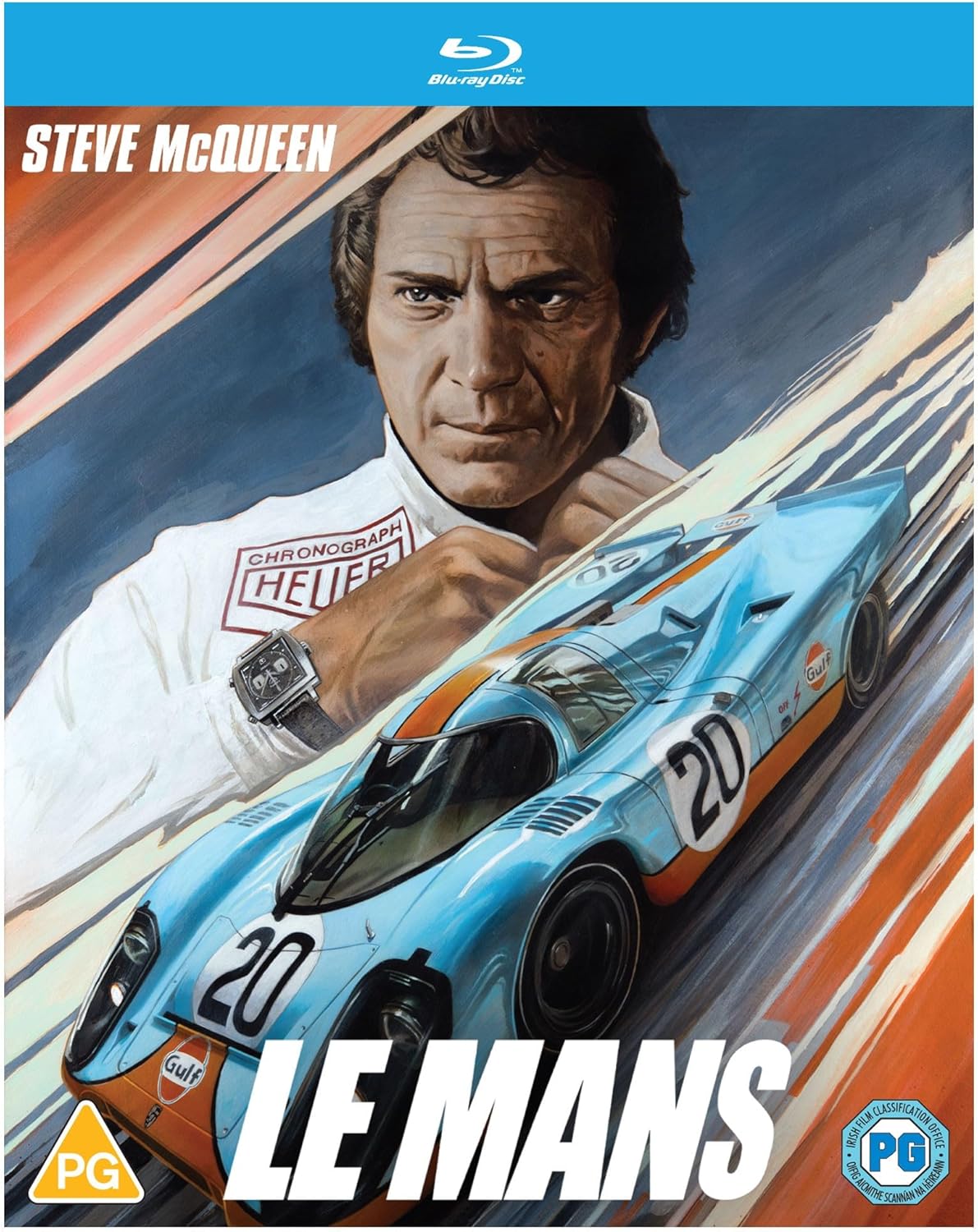 Steve McQueen on "Le Mans" Blu-ray cover with racing car and watch.