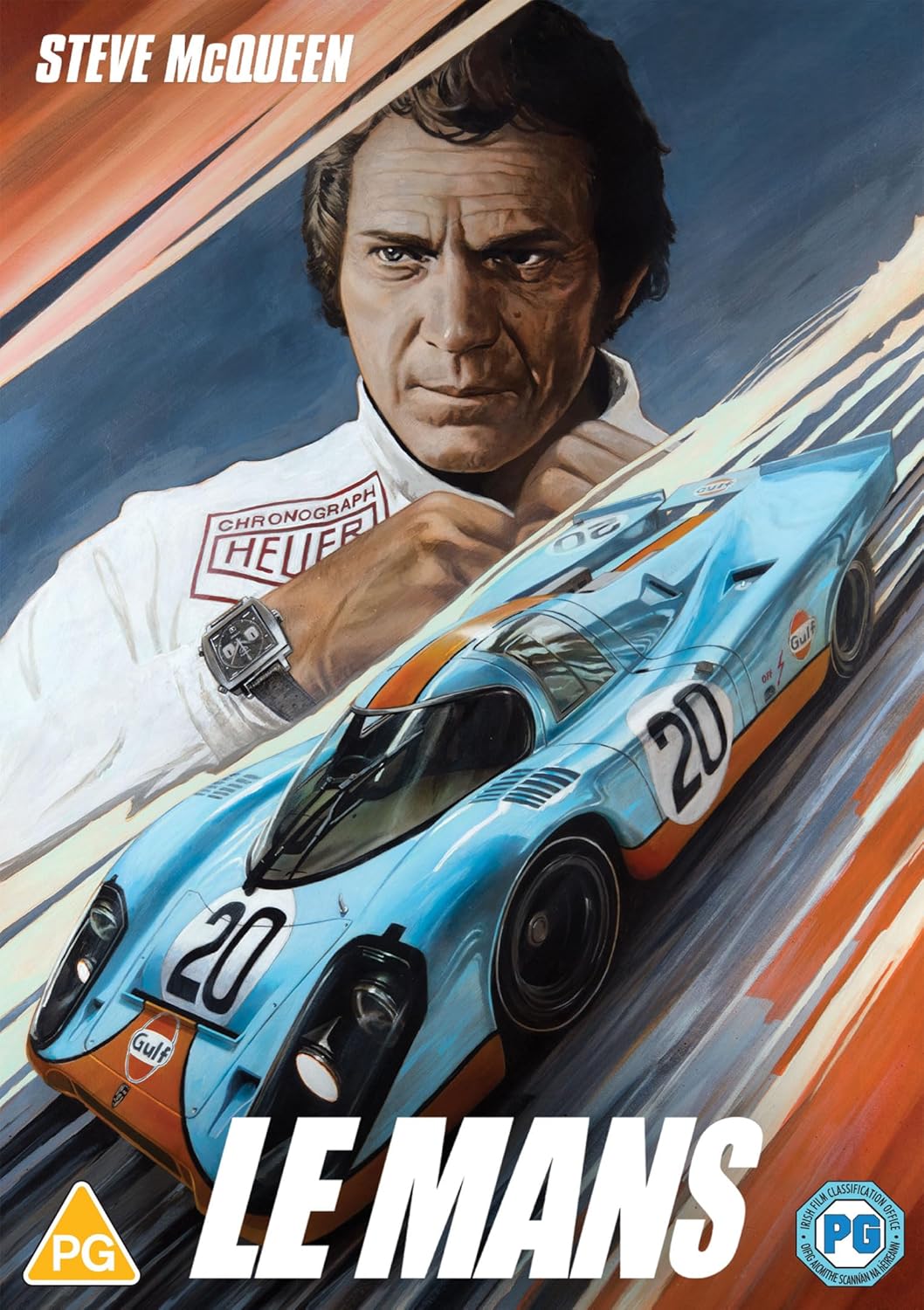 Steve McQueen portrait above a blue race car on a DVD cover.