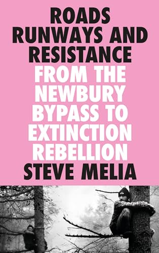 Book cover with bold white text on pink, showing a person in trees.