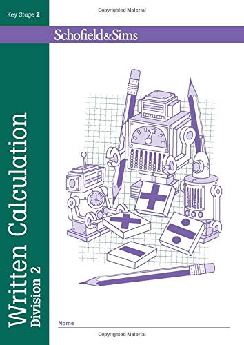 Schofield & Sims division workbook cover with robots and calculation tools.