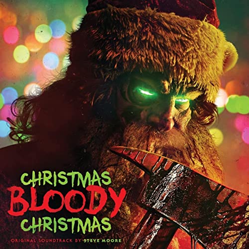 Menacing Santa Claus with glowing eyes holds a bloody axe, festive lights blurred.