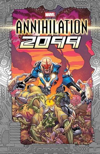 Comic book cover: armored figure fighting alien creatures in a fiery landscape.