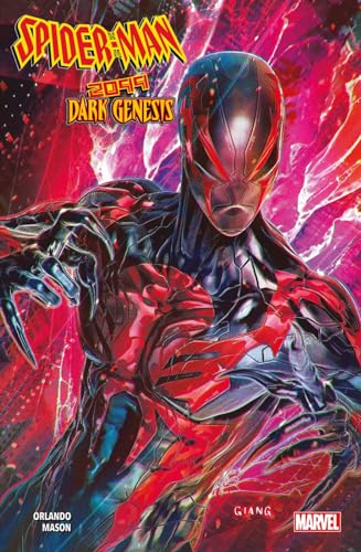 Spider-Man 2099 in a futuristic suit, red and blue, dynamic pose.