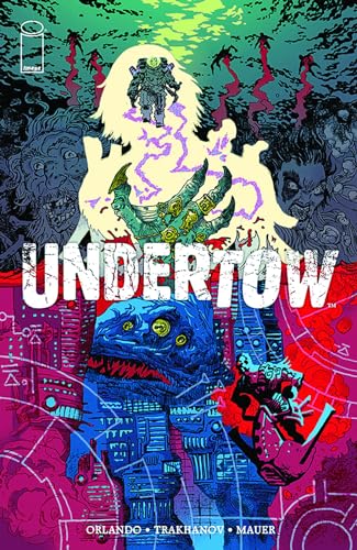 Comic book cover: underwater scene with figures and monstrous creatures.