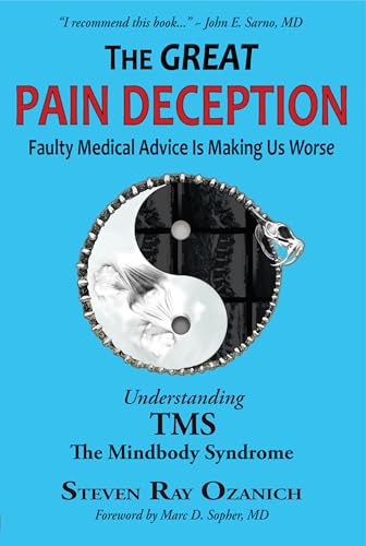 Book cover: "The Great Pain Deception" with yin-yang and skeletal imagery.