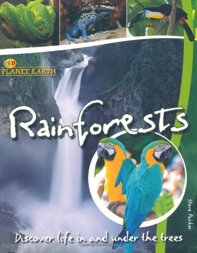 Book cover featuring rainforest animals, a waterfall, and the title "Rainforests".