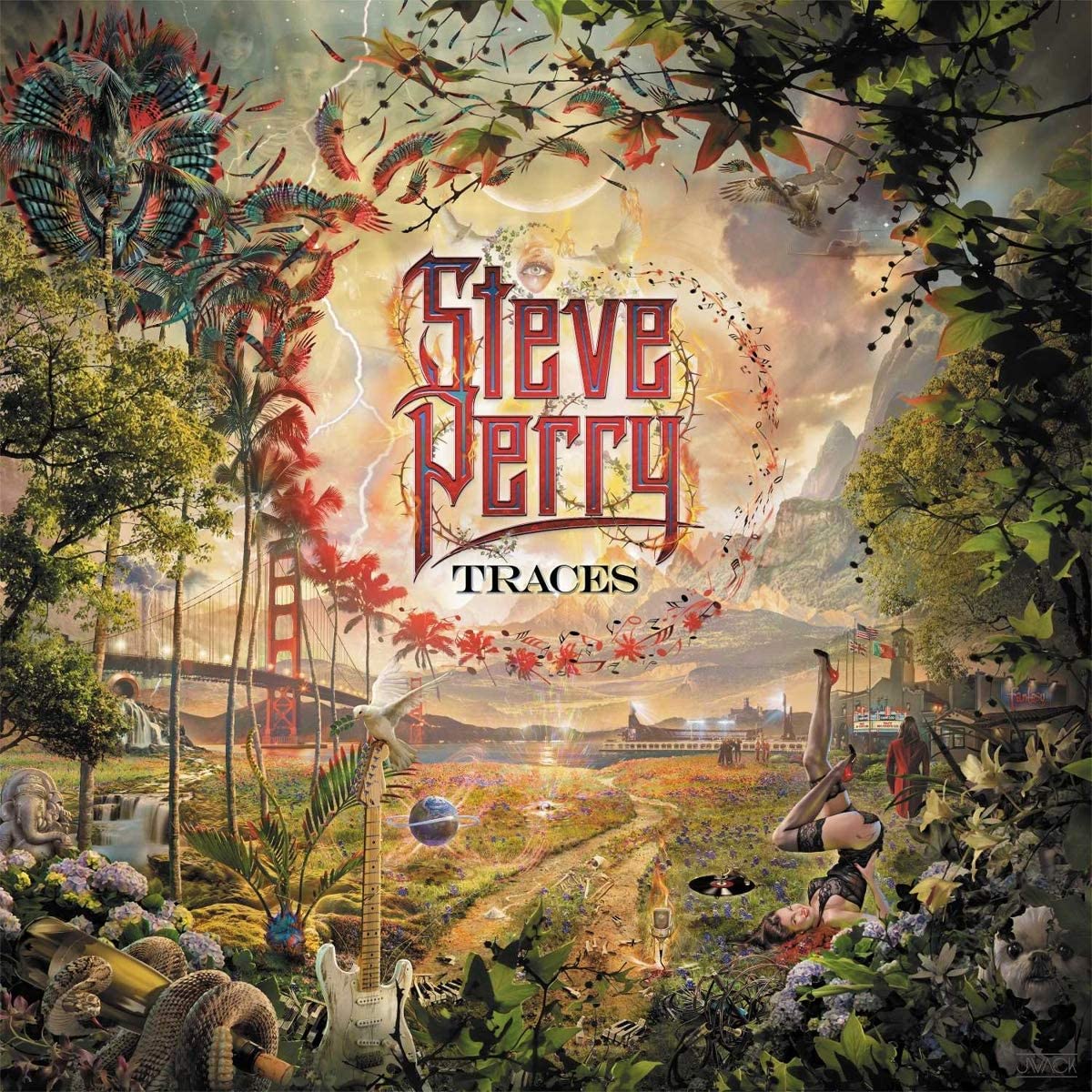 Surreal album cover with colorful collage of nature, objects, and text "Steve Perry Traces".