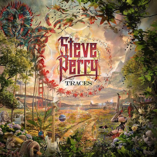 "Album cover for Steve Perry's 'Traces' with surreal, fantastical landscape and title in red."