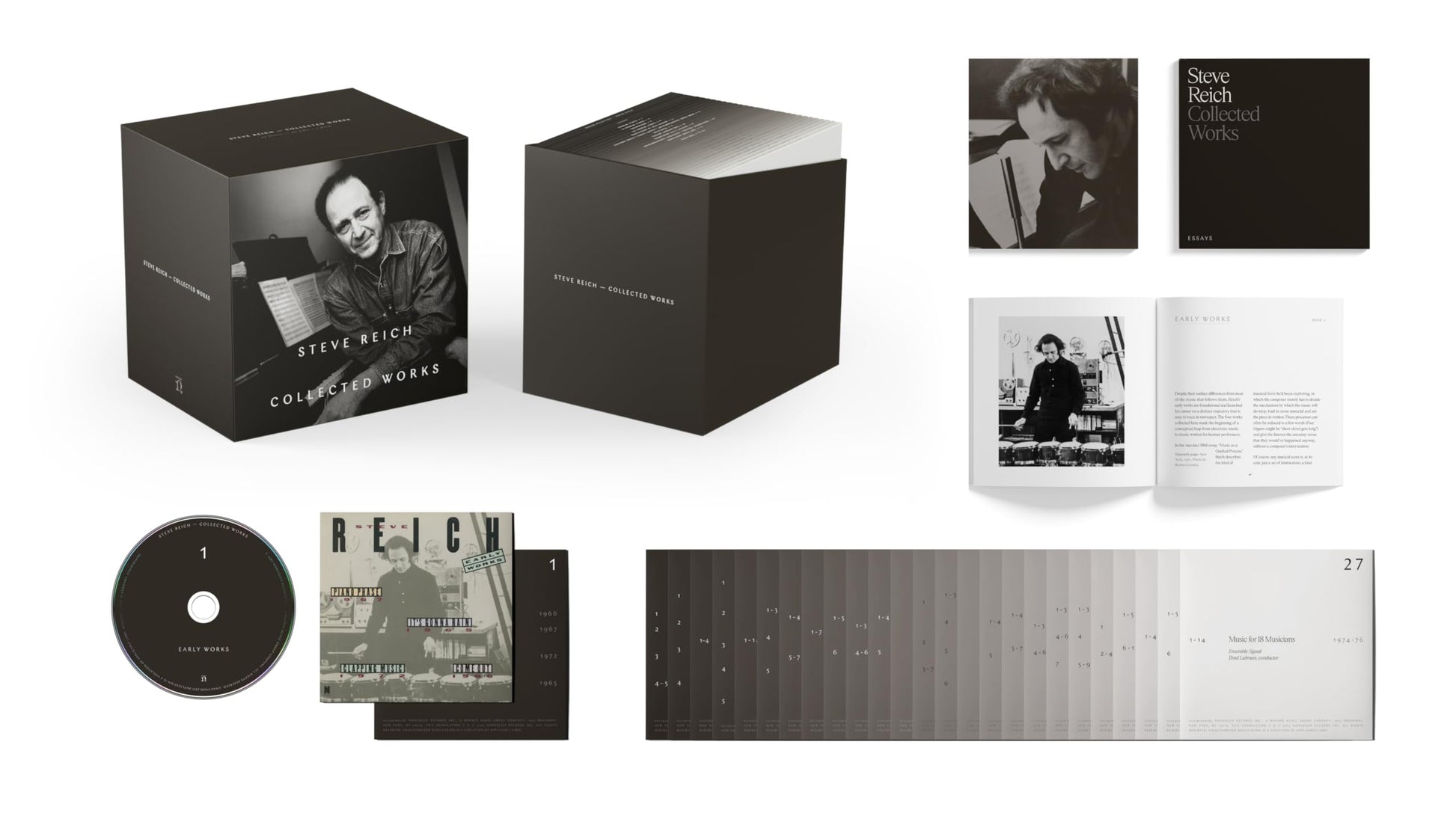 CD box set with black packaging, discs, booklets, and black-and-white portraits of Steve Reich.