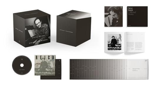 CD box set with black packaging, discs, booklets, and black-and-white portraits of Steve Reich.