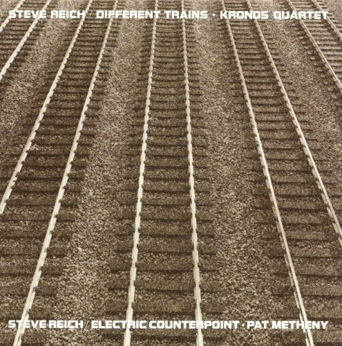 Sepia-toned image of parallel railroad tracks with text overlays for Steve Reich album.