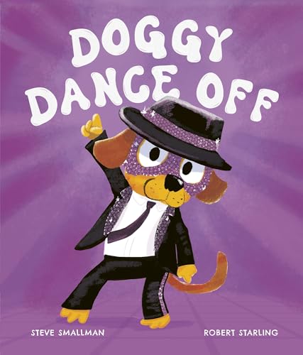 A cartoon dog wearing a sequined mask, hat, and suit dances on a purple background.