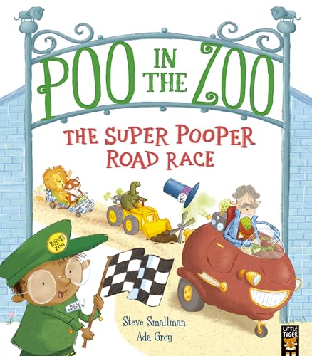 Book cover showing a zoo keeper waving a checkered flag at a race track.