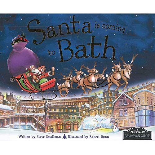 Santa and reindeer fly over a snowy town with buildings below.
